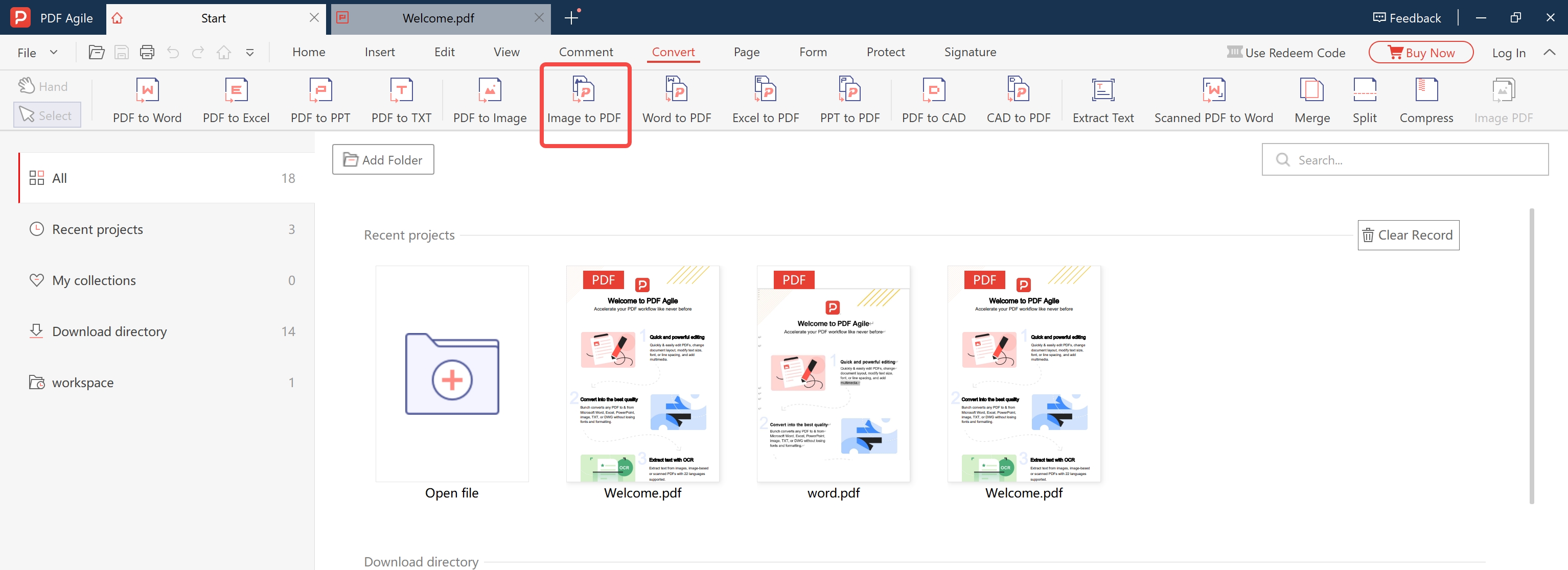 PDF Agile Convert tab — Image to PDF option highlighted, Step 1 of image text extraction