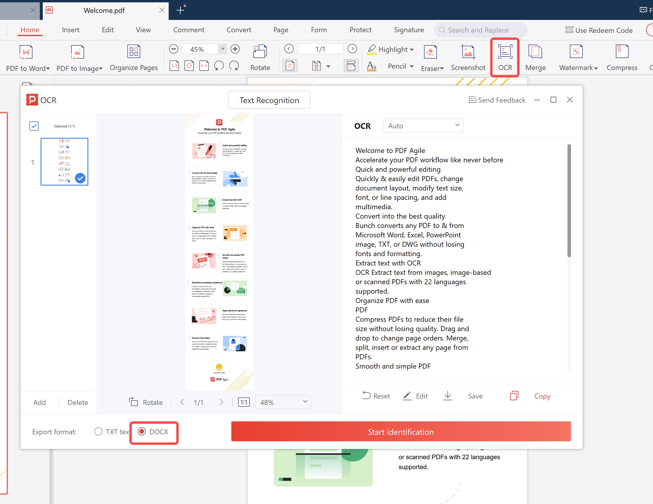 PDF Agile OCR panel — select pages, choose DOCX output, click Start Identification