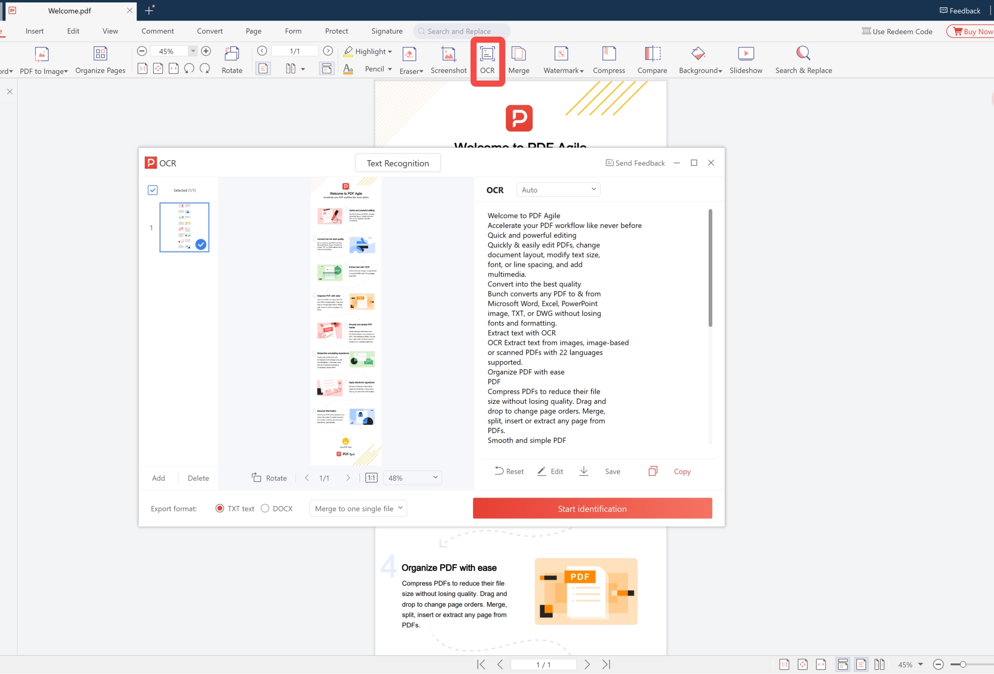 PDF Agile OCR interface showing the Text Recognition panel with page selection, language options, and export format settings